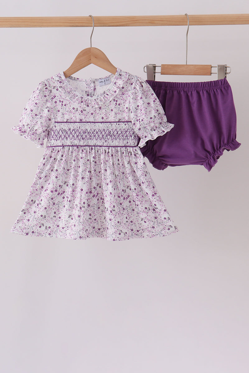 Purple floral smocked ruffle bloomer set - Aaria Tees Aaria Tees