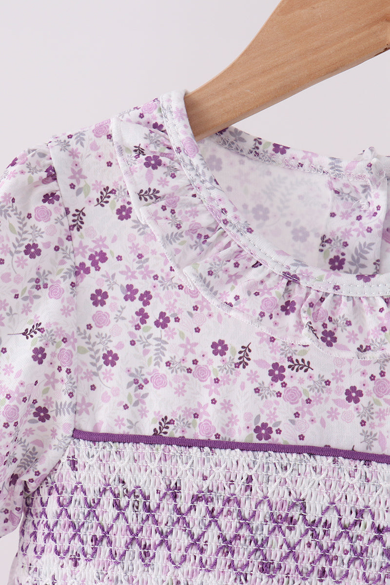 Purple floral smocked ruffle bloomer set - Aaria Tees Aaria Tees