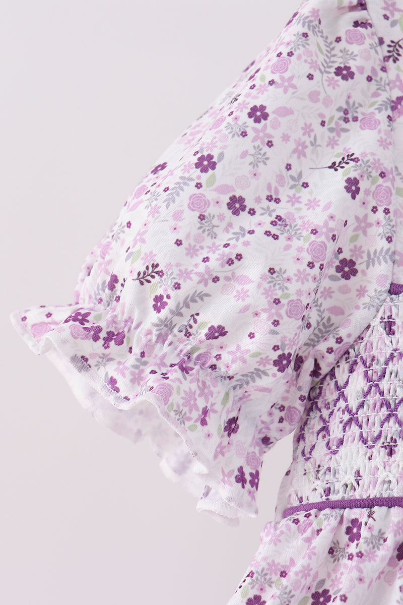 Purple floral smocked ruffle bloomer set - Aaria Tees Aaria Tees