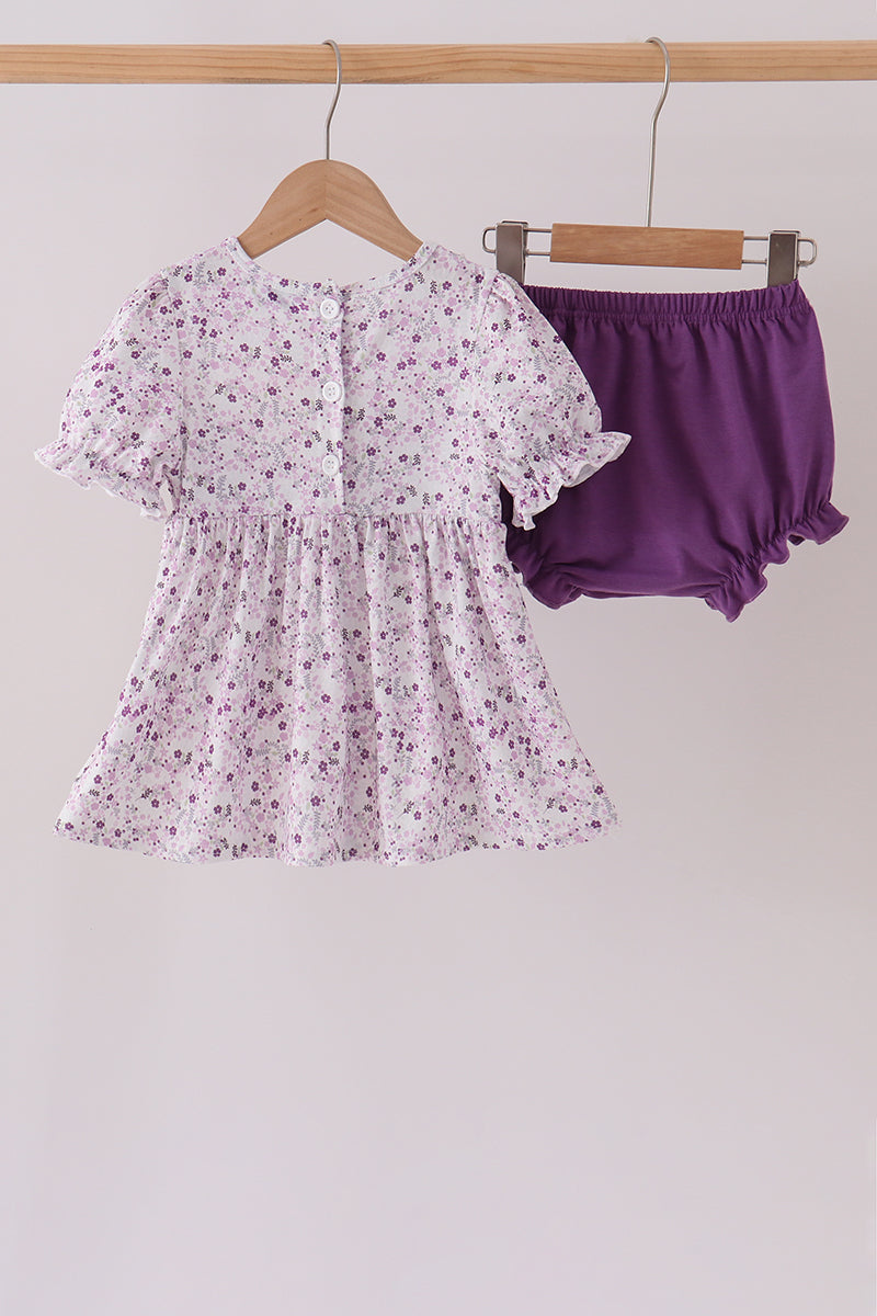 Purple floral smocked ruffle bloomer set - Aaria Tees Aaria Tees