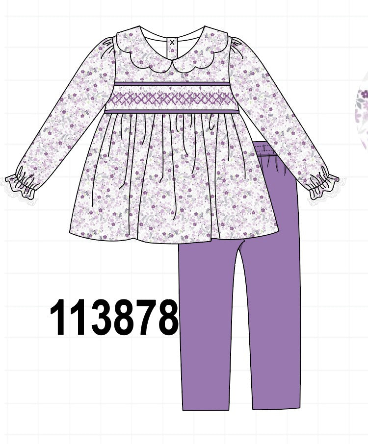 Purple floral smocked pants set