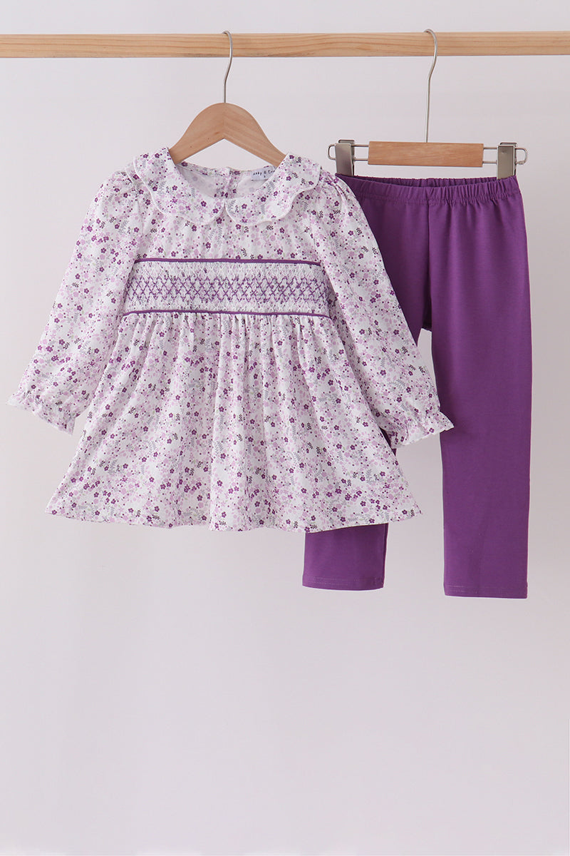 Purple floral smocked pants set - Aaria Tees
