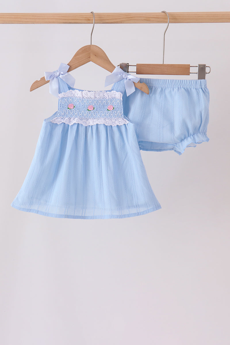 Blue Floral Smocked Lace Bloomer Set - Aaria Tees Aaria Tees