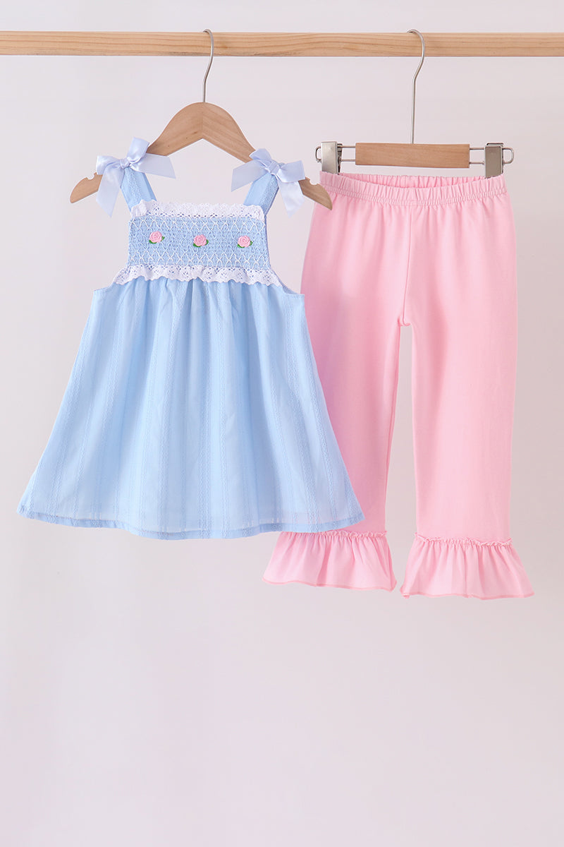 Blue Floral Smocked Lace Ruffle Pants Set - Aaria Tees Aaria Tees