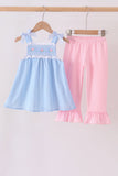Blue Floral Smocked Lace Ruffle Pants Set - Aaria Tees Aaria Tees