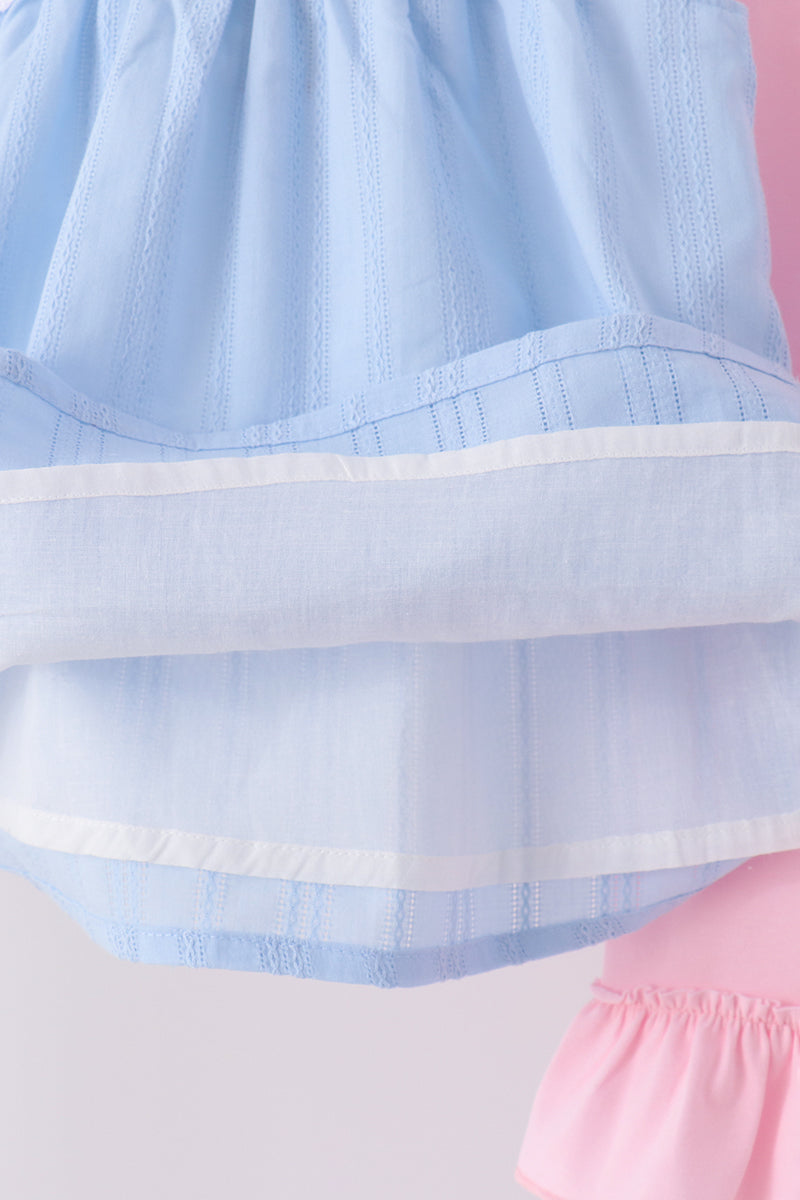 Blue Floral Smocked Lace Ruffle Pants Set - Aaria Tees Aaria Tees