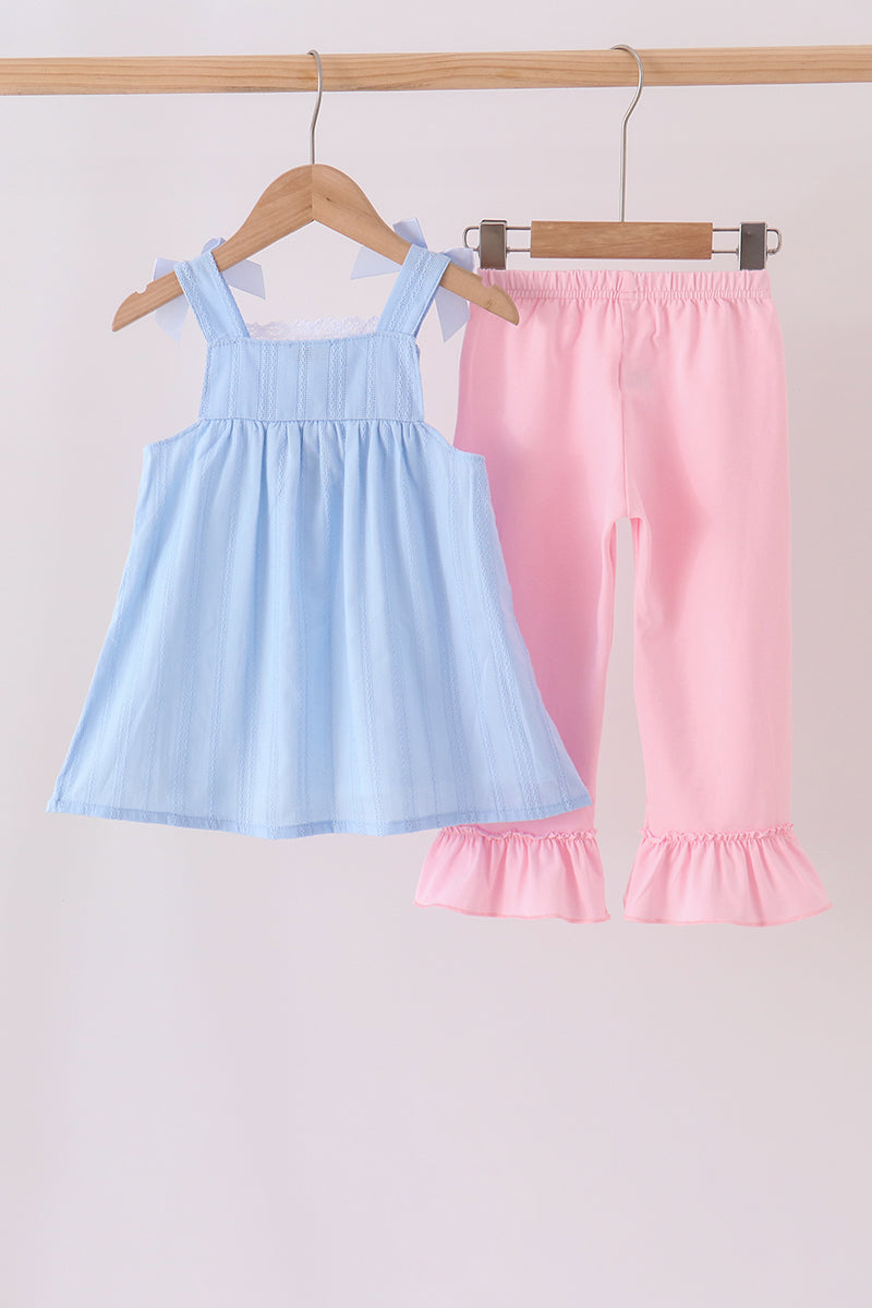 Blue Floral Smocked Lace Ruffle Pants Set - Aaria Tees Aaria Tees