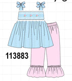 Blue Floral Smocked Lace Ruffle Pants Set Aaria Tees