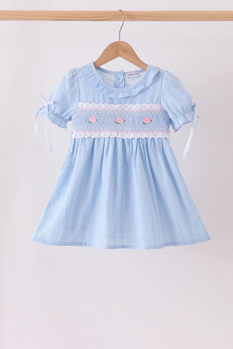 Blue Floral Smocked Lace Ruffle Dress - Aaria Tees Aaria Tees