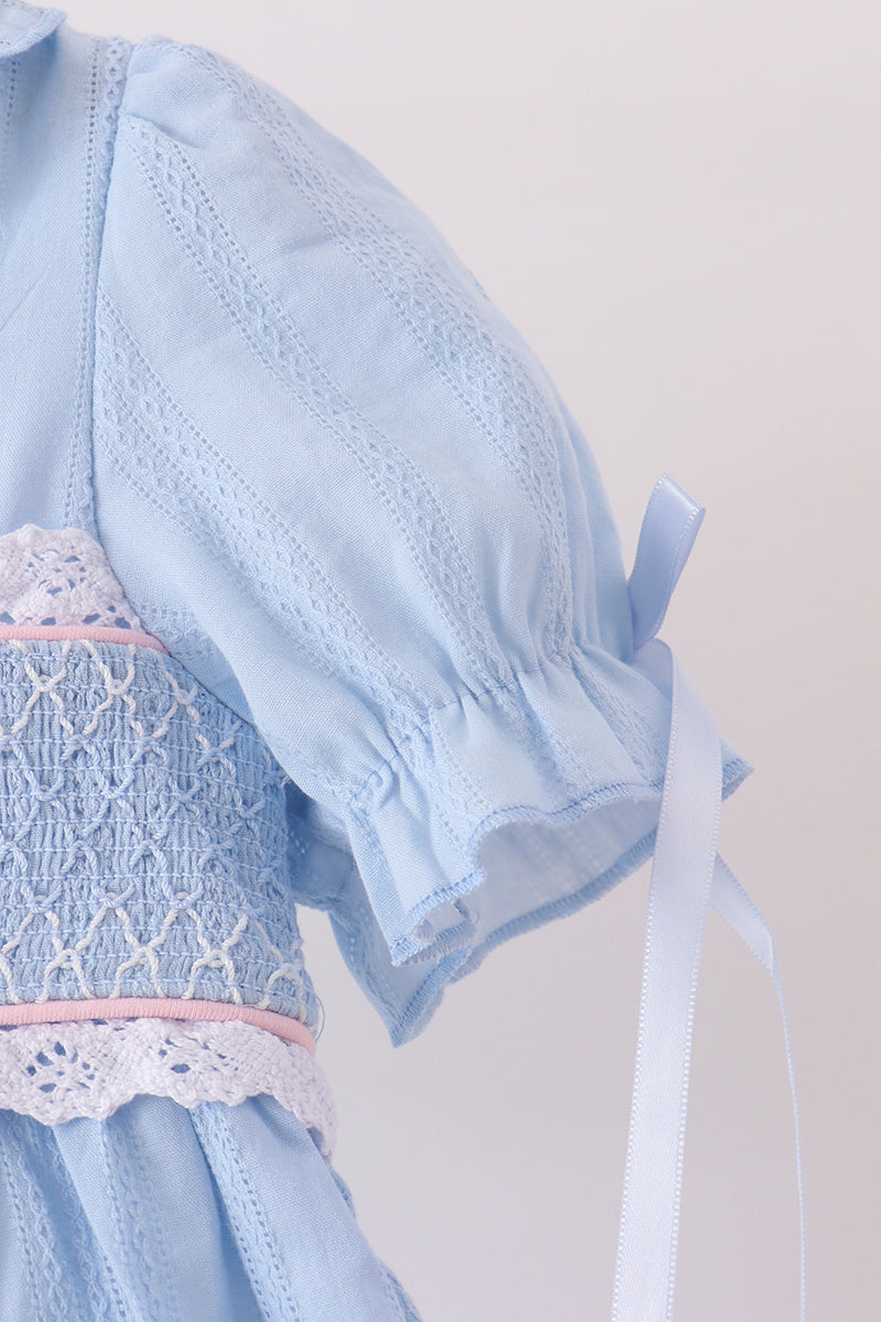 Blue Floral Smocked Lace Ruffle Dress - Aaria Tees Aaria Tees