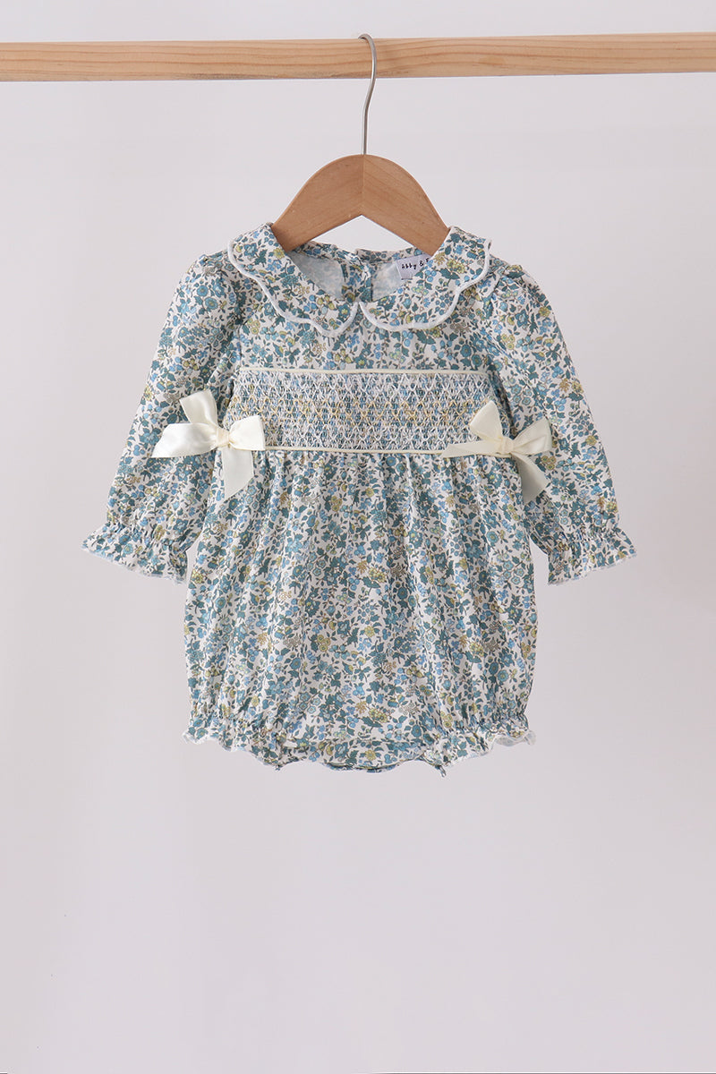 Sage Floral Smocked Bow Bubble - Aaria Tees