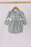 Sage Floral Smocked Bow Bubble - Aaria Tees Aaria Tees