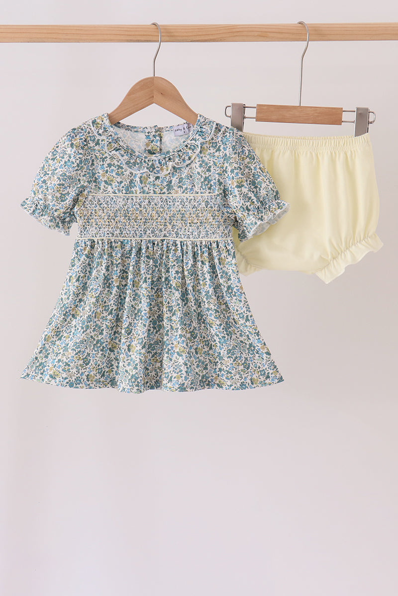 Sage Floral Smocked Ruffle Bloomer Set - Aaria Tees Aaria Tees