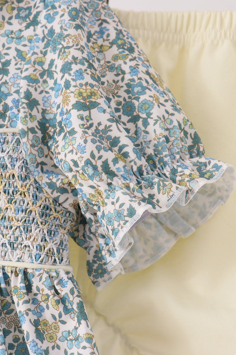 Sage Floral Smocked Ruffle Bloomer Set - Aaria Tees Aaria Tees