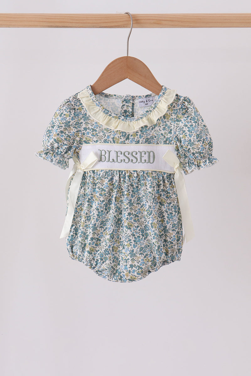 Sage Floral Blessed Smocked Ruffle Bubble - Aaria Tees Aaria Tees