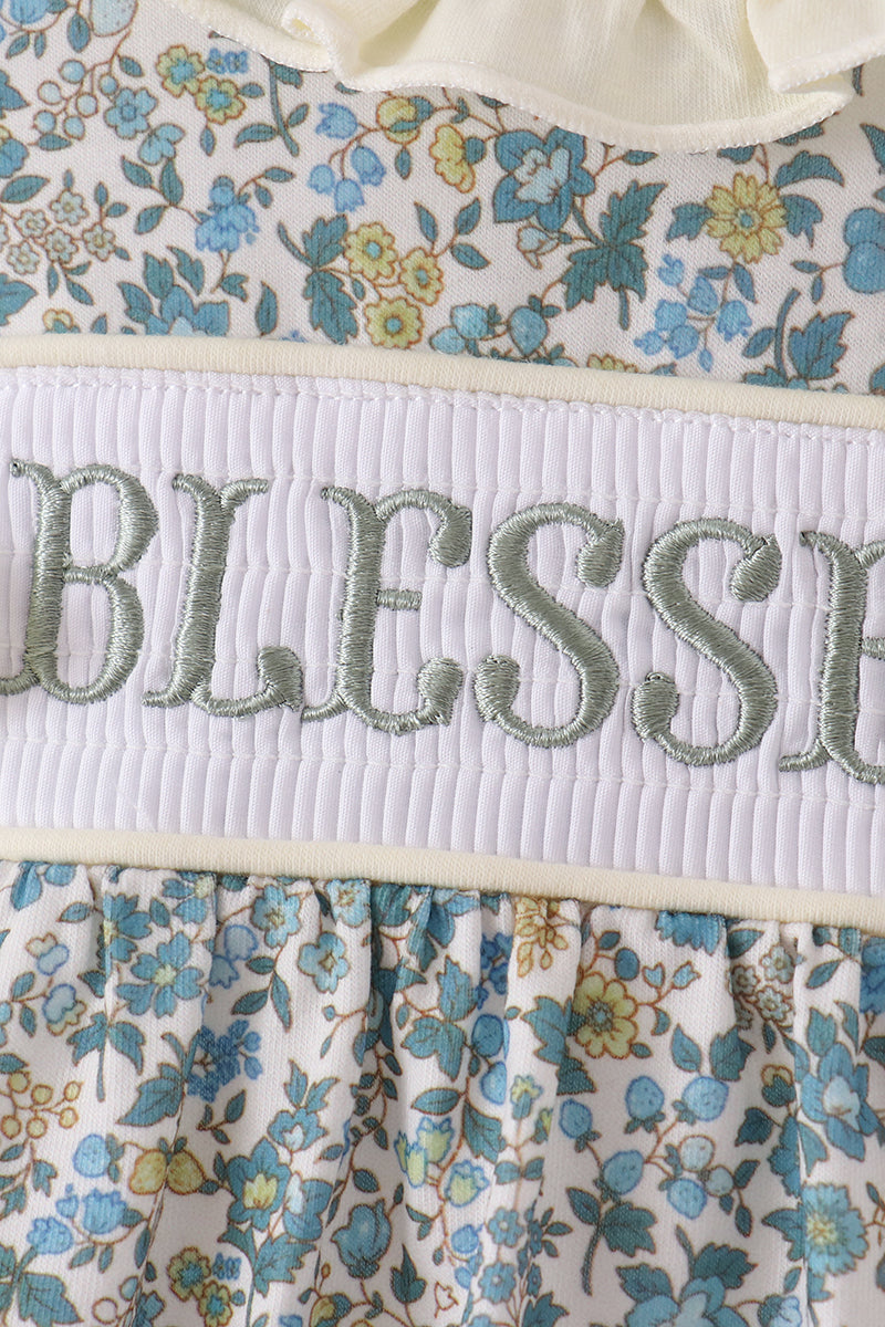 Sage Floral Blessed Smocked Ruffle Bubble - Aaria Tees Aaria Tees