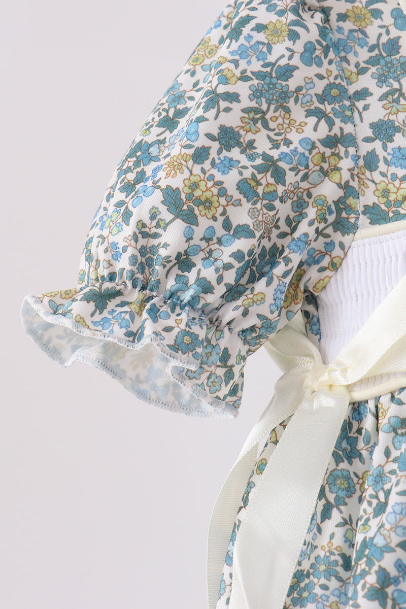 Sage Floral Blessed Smocked Ruffle Bubble - Aaria Tees Aaria Tees