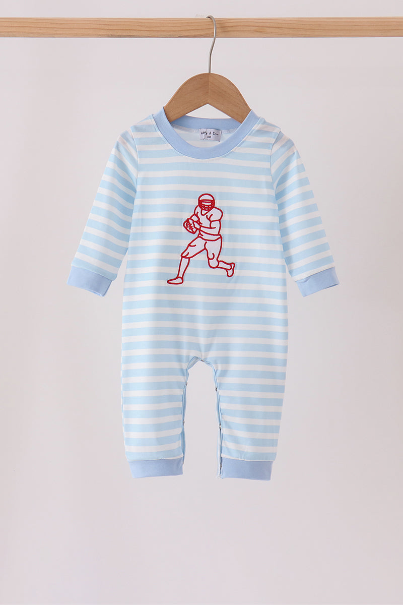 Blue Football Embroidery Stripe Romper - Aaria Tees Aaria Tees