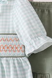 Sage pumpkin smocked gingham ruffle shorts set Aaria Tees