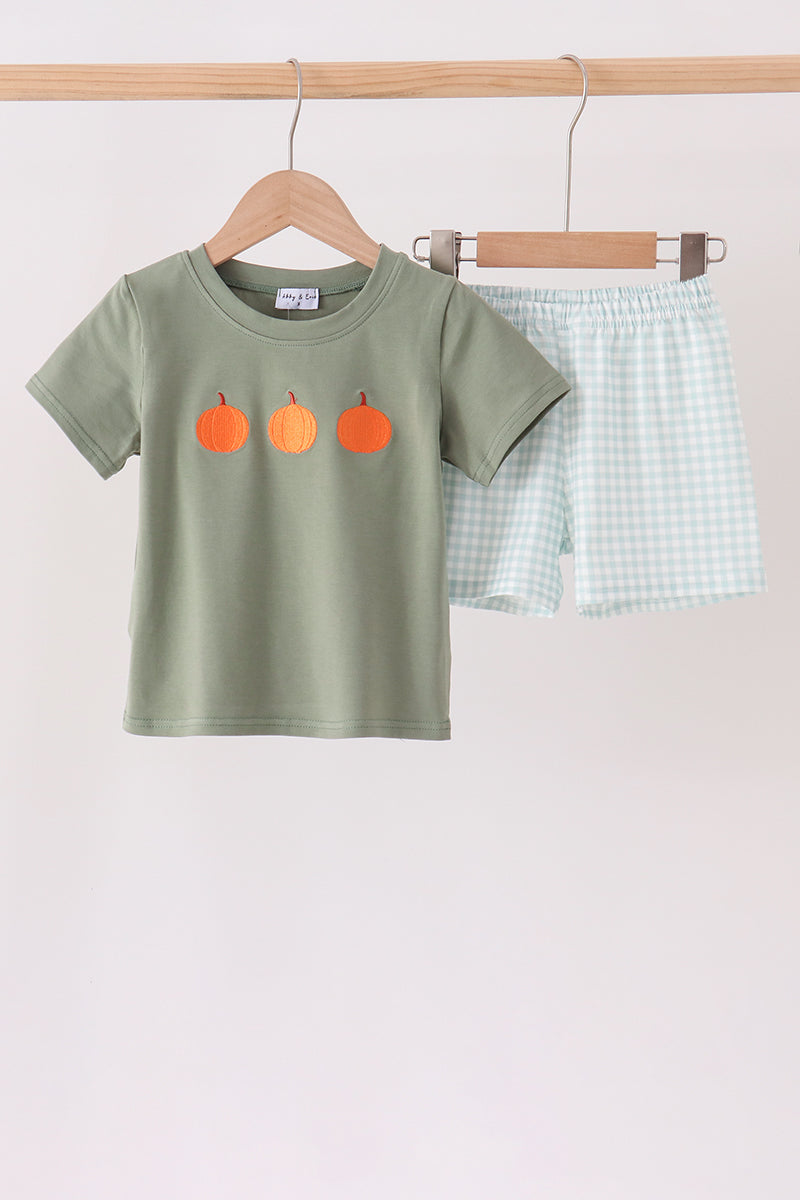Sage pumpkin embroidery gingham shorts set - Aaria Tees