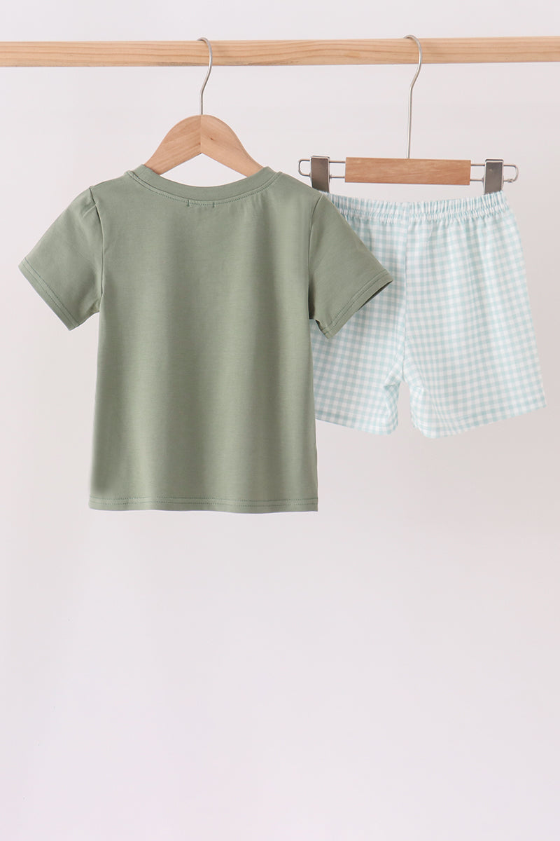 Sage pumpkin embroidery gingham shorts set - Aaria Tees Aaria Tees