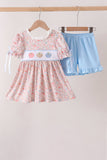 Pink Pumpkin Floral Embroidery Shorts Set Aaria Tees