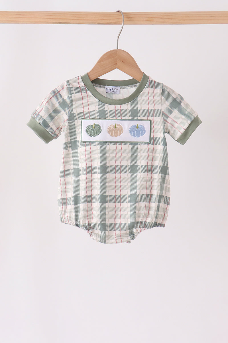 Green Pumpkin Embroidery Plaid Bubble - Aaria Tees Aaria Tees