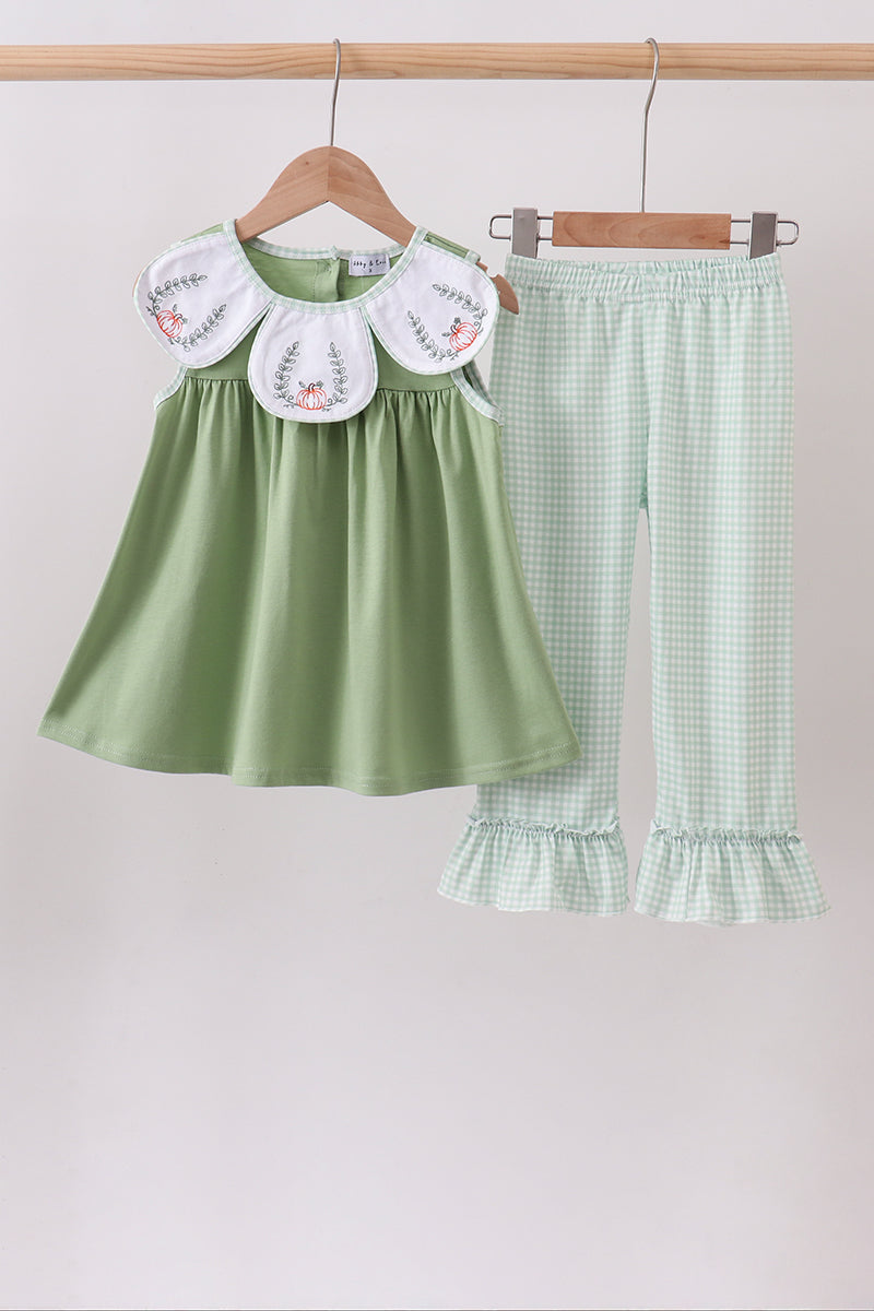 Sage Pumpkin Embroidered Ruffle Pants Set - Aaria Tees Aaria Tees