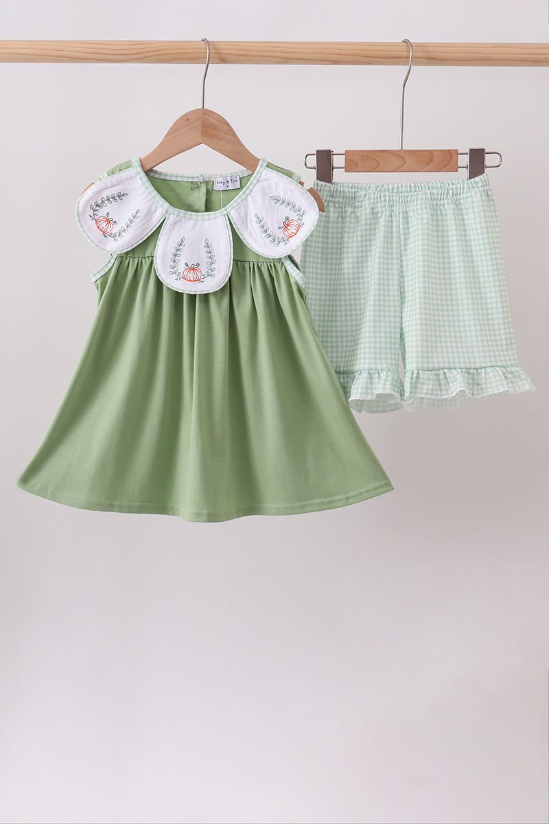 Sage Pumpkin Embroidered Ruffle Shorts Set - Aaria Tees Aaria Tees