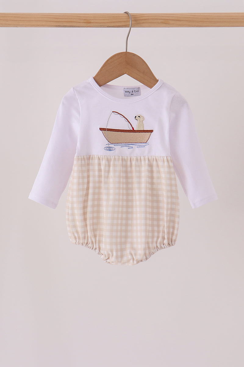 Khaki Puppy Fishing Embroidery Bubble - Aaria Tees Aaria Tees