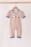 Brown turkey pumpkin embroidery gingham ruffle romper Aaria Tees