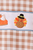 Brown turkey pumpkin embroidery gingham ruffle romper Aaria Tees