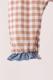 Brown turkey pumpkin embroidery gingham ruffle romper Aaria Tees
