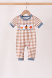 Brown turkey pumpkin embroidery gingham romper Aaria Tees
