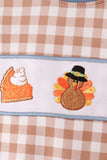 Brown turkey pumpkin embroidery gingham romper Aaria Tees