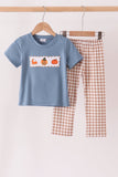 Blue turkey pumpkin embroidery gingham pants set Aaria Tees