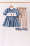 Blue turkey pumpkin embroidery gingham ruffle pants set Aaria Tees