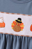 Blue turkey pumpkin embroidery gingham ruffle pants set Aaria Tees