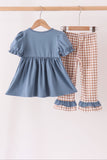 Blue turkey pumpkin embroidery gingham ruffle pants set Aaria Tees