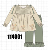 Khaki floral smocked ruffle pants set Aaria Tees