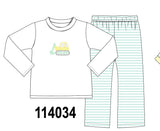 Green excavator french knot stripe pants set Aaria Tees