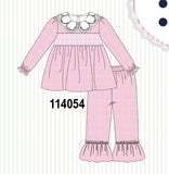 Pink corduroy lace smocked ruffle pants set Aaria Tees