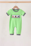 Green car embroidery checkered romper Aaria Tees