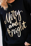 Black  Merry & Bright Letter Print Pullover Sweatshirt Aaria Tees