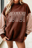 Coffee Contrast Plaid Sleeve HOWDY Embroidered Letter Graphic Mock Neck Sweatshirt Aaria Tees