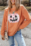 Orange Patchwork Pumpkin Graphic Corded Ribbed Round Neck Tunic Sweatshirt Aaria Tees