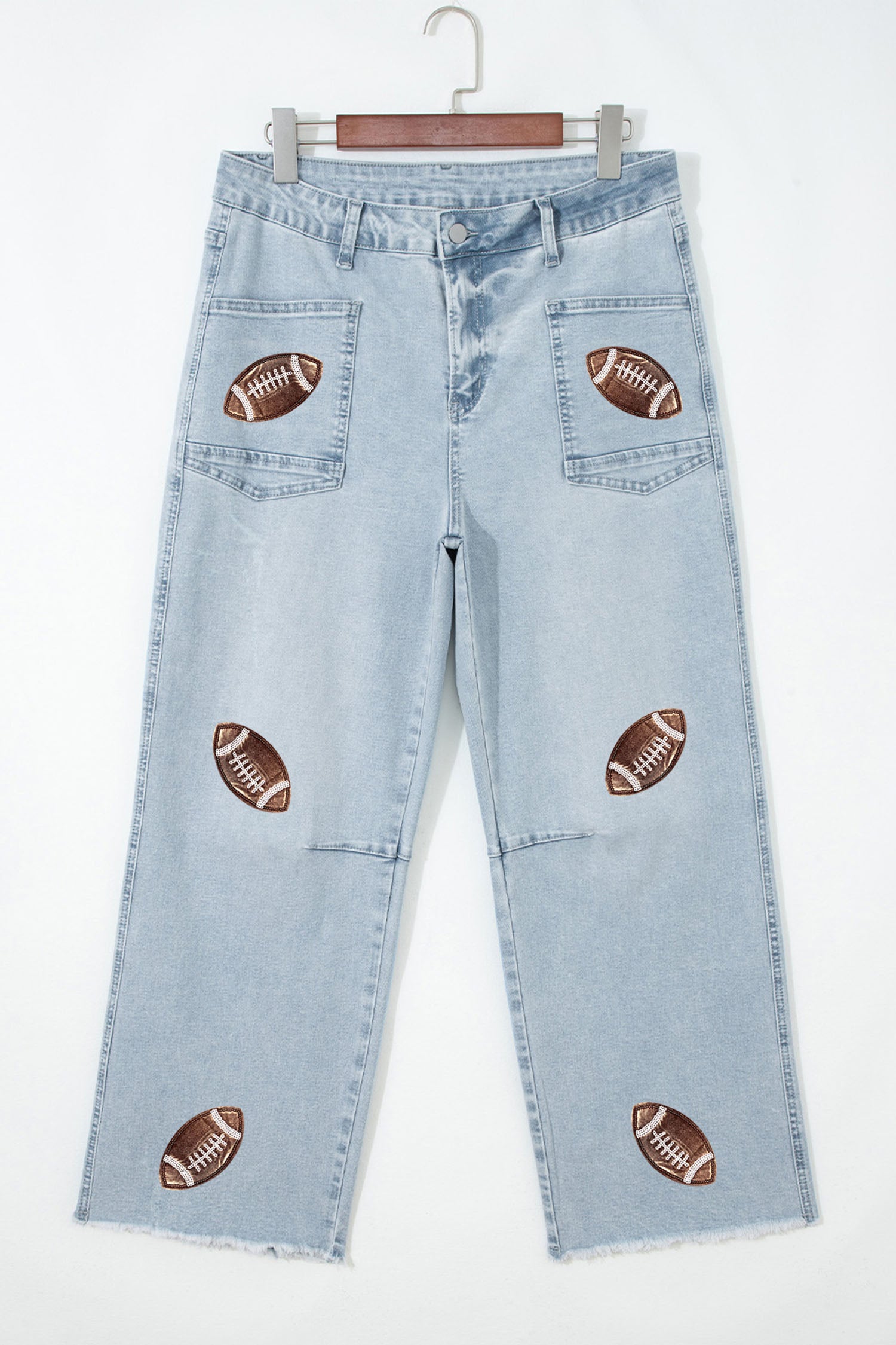 Beau Blue Sequin Detail Patched Rugby Pattern Raw Hem Shift Jeans - Aaria Tees Aaria Tees
