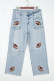 Beau Blue Sequin Detail Patched Rugby Pattern Raw Hem Shift Jeans - Aaria Tees Aaria Tees