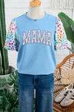 Light Blue Floral Sleeve Mama Graphic Top with Textured Knit Aaria Tees