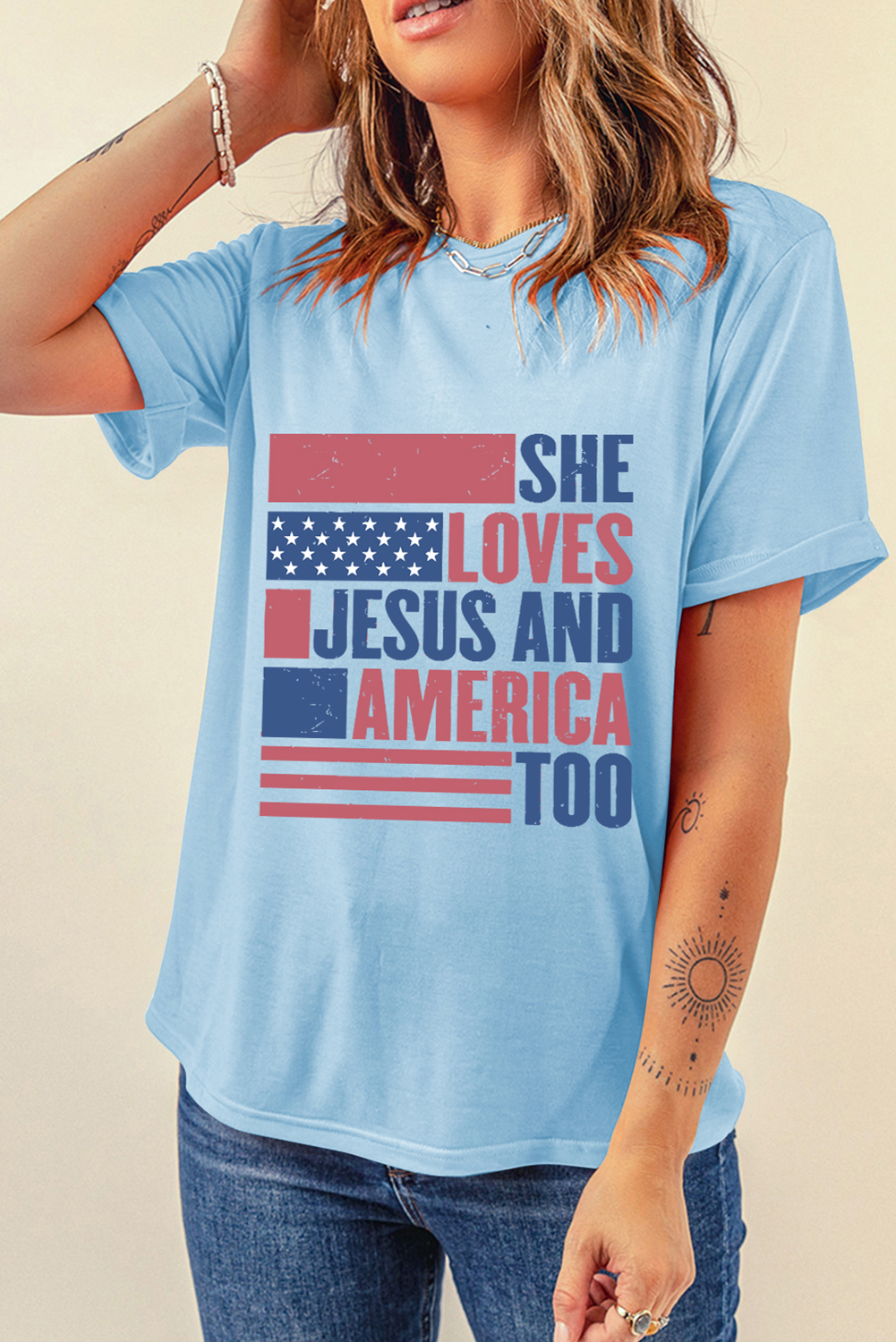 Light Blue SHE LOVES JESUS AND AMERICA TOO Flag Graphic T Shirt - Aaria Tees Aaria Tees